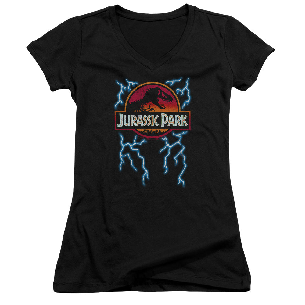 Jurassic Park Lightning Logo Junior Sheer Cap Sleeve V-Neck Womens T Shirt Black