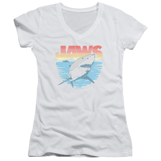 Jaws Cool Waves Junior Sheer Cap Sleeve V-Neck Womens T Shirt White