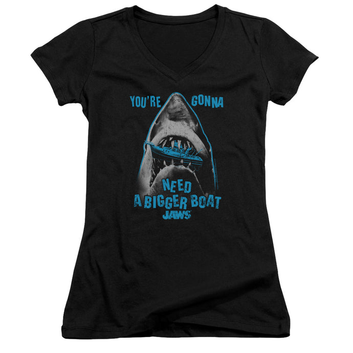 Jaws Boat In Mouth Junior Sheer Cap Sleeve V-Neck Womens T Shirt Black