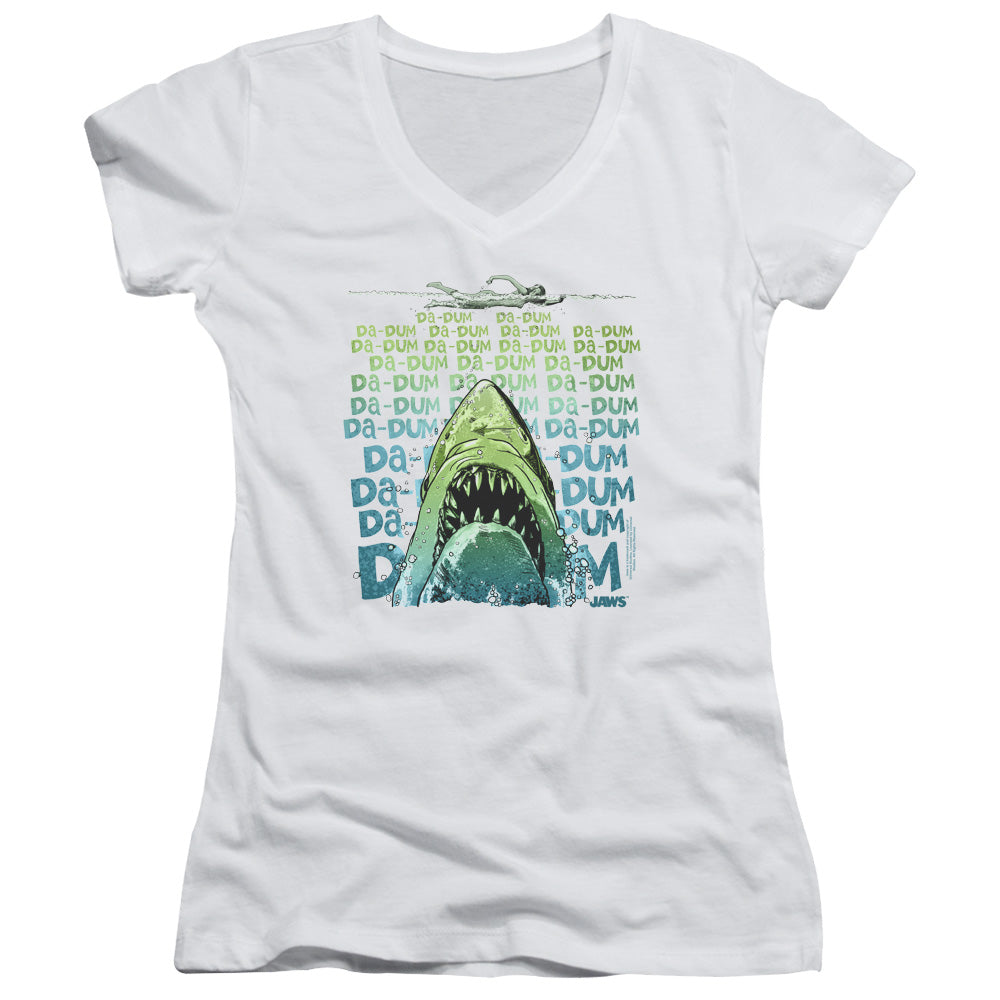 Jaws Da Dum Junior Sheer Cap Sleeve V-Neck Womens T Shirt White