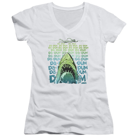 Jaws Da Dum Junior Sheer Cap Sleeve V-Neck Womens T Shirt White