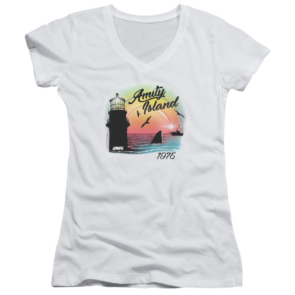 Jaws Amity Island Junior Sheer Cap Sleeve V-Neck Womens T Shirt White