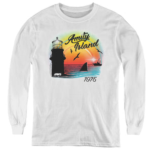 Jaws Amity Island Long Sleeve Kids Youth T Shirt White