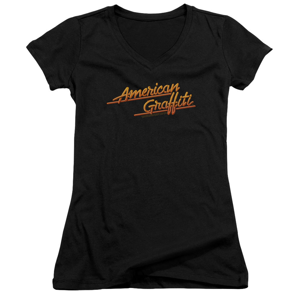 American Graffiti Neon Logo Junior Sheer Cap Sleeve V-Neck Womens T Shirt Black