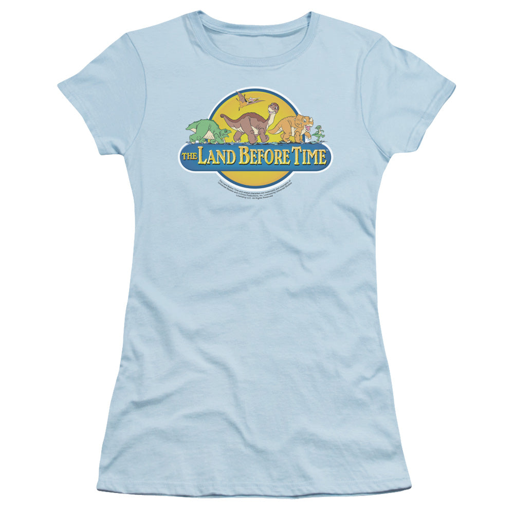 The Land Before Time Dino Breakout Junior Sheer Cap Sleeve Womens T Shirt Light Blue