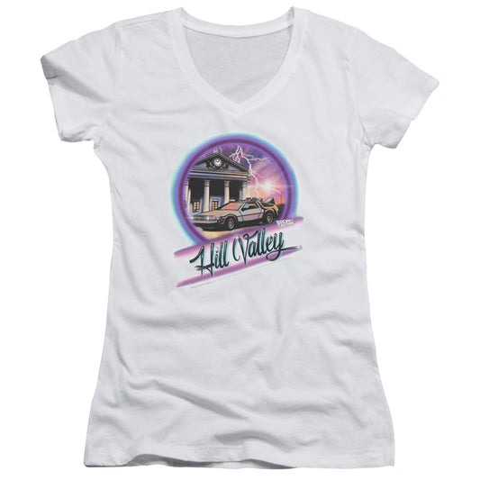 Back To The Future Ride Junior Sheer Cap Sleeve V-Neck Womens T Shirt White