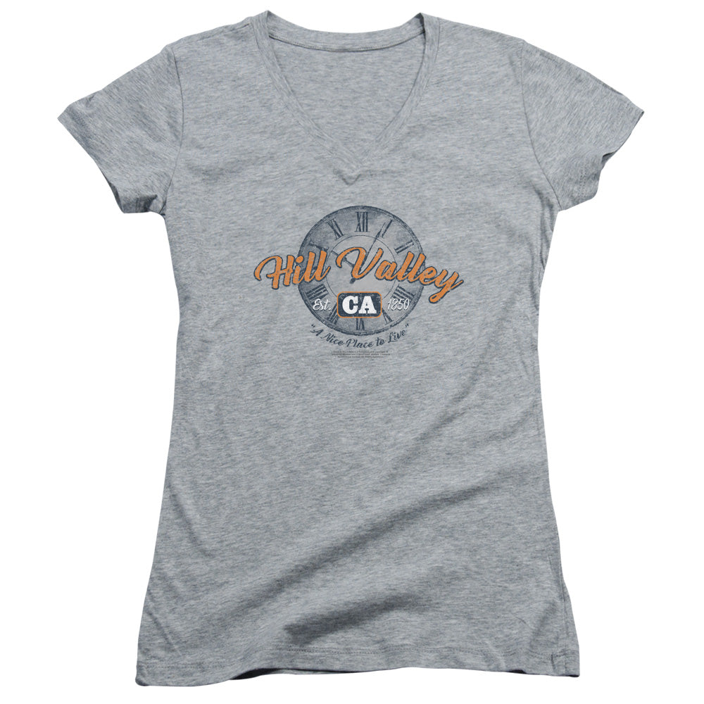 Back To The Future Hill Valley Junior Sheer Cap Sleeve V-Neck Womens T Shirt Athletic Heather