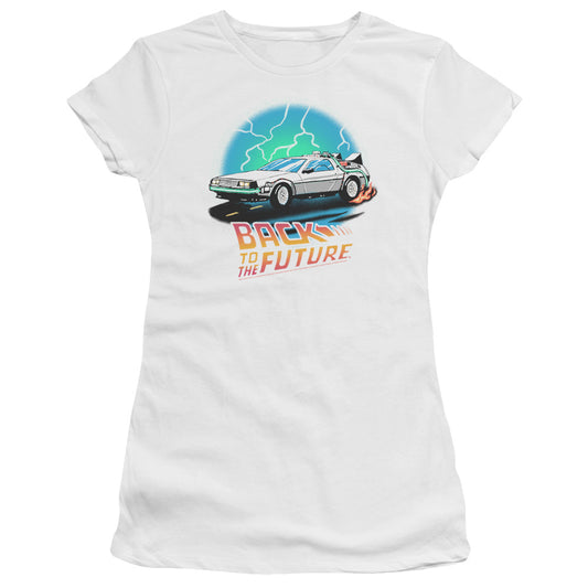 Back To The Future Airbrush Junior Sheer Cap Sleeve Womens T Shirt White