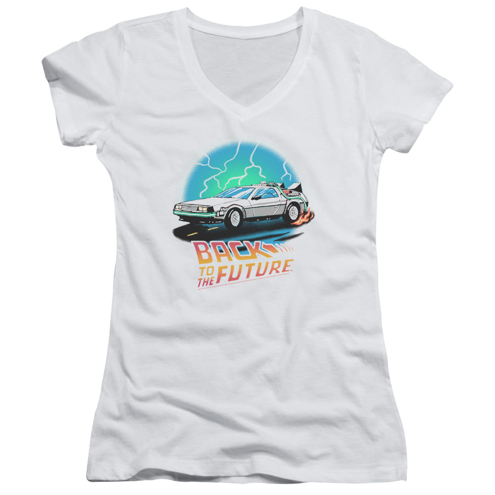 Back To The Future Airbrush Junior Sheer Cap Sleeve V-Neck Womens T Shirt White