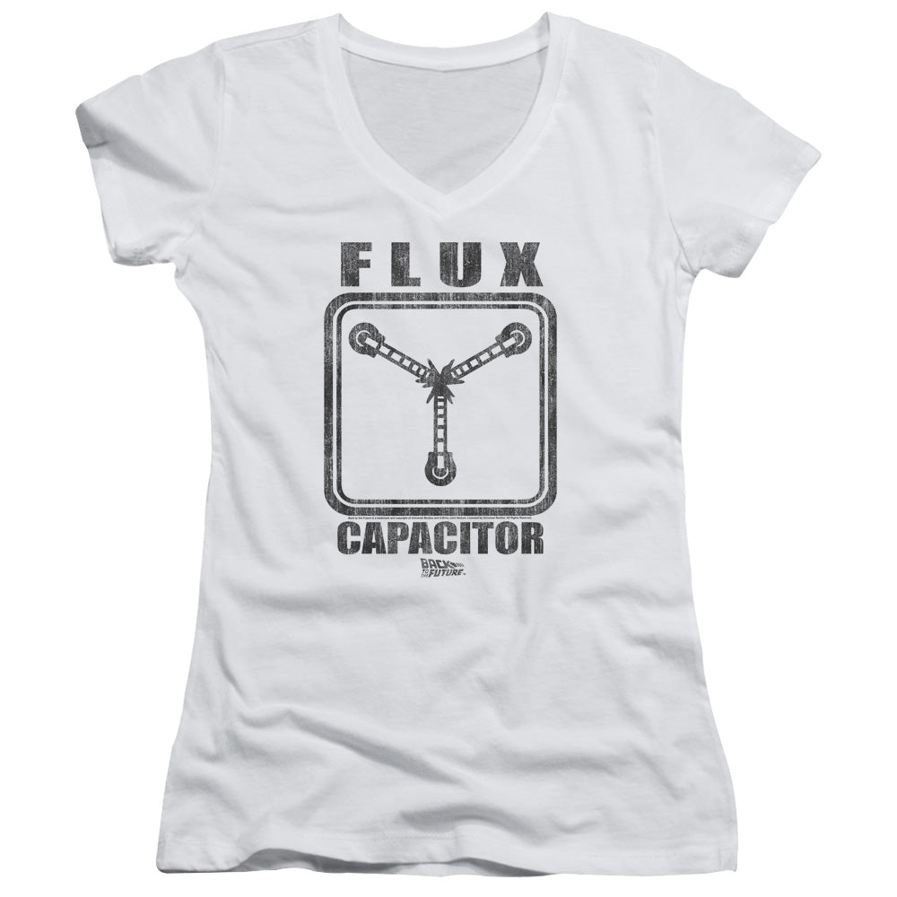 Back To The Future Flux Capacitor Junior Sheer Cap Sleeve V-Neck Womens T Shirt White
