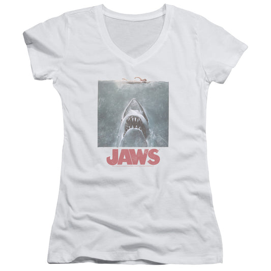 Jaws Distressed Jaws Junior Sheer Cap Sleeve V-Neck Womens T Shirt White