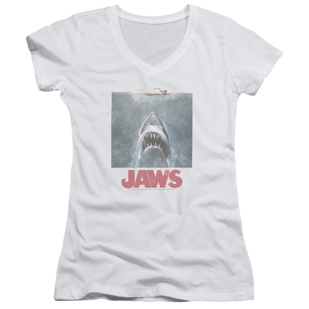 Jaws Distressed Jaws Junior Sheer Cap Sleeve V-Neck Womens T Shirt White