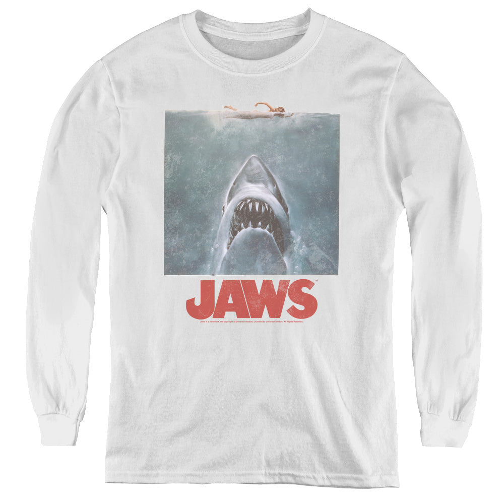 Jaws Distressed Jaws Long Sleeve Kids Youth T Shirt White