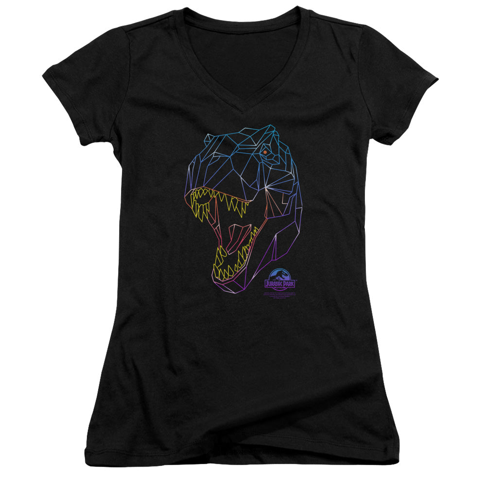 Jurassic Park Neon T-Rex Junior Sheer Cap Sleeve V-Neck Womens T Shirt Black