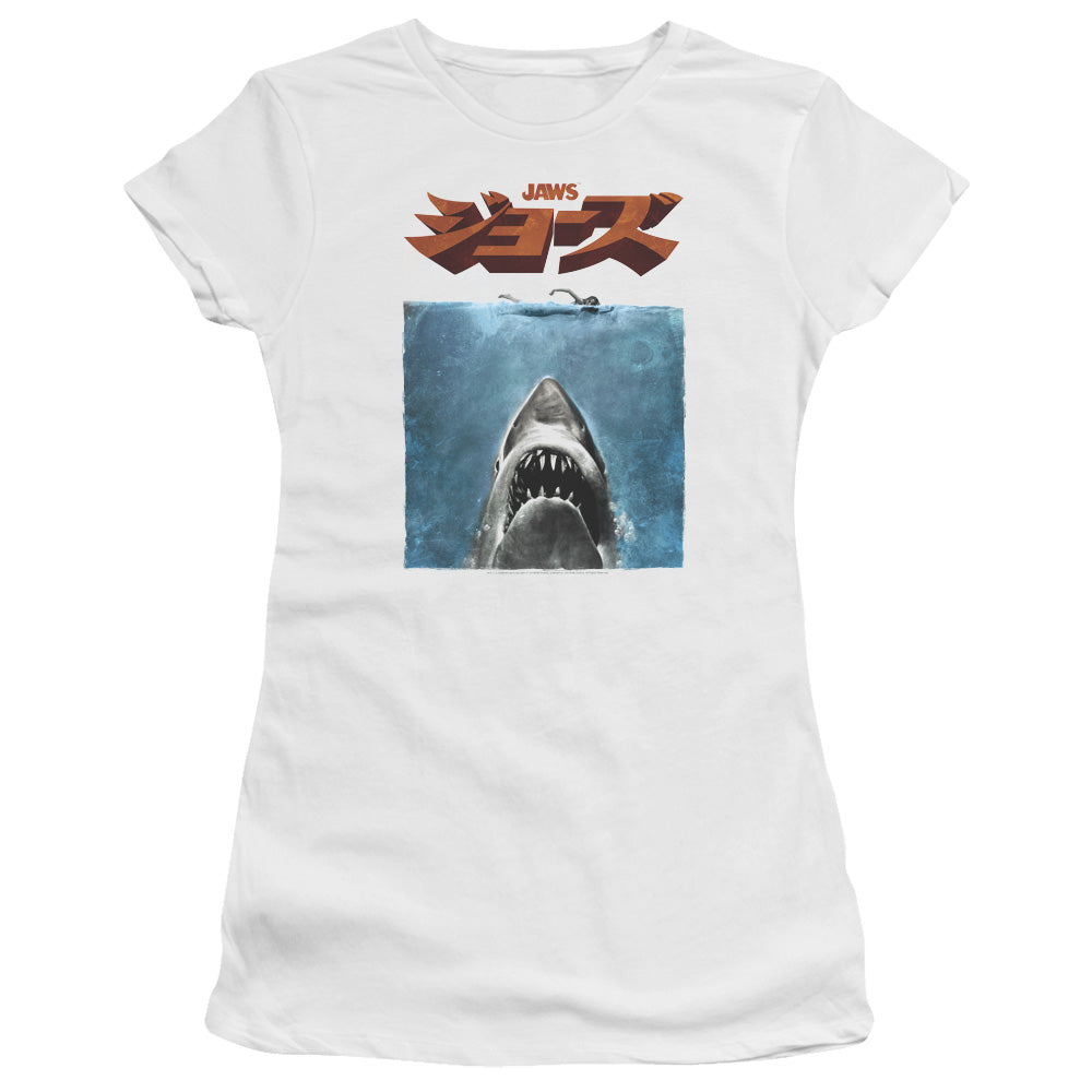 Jaws Japanese Poster Junior Sheer Cap Sleeve Womens T Shirt White