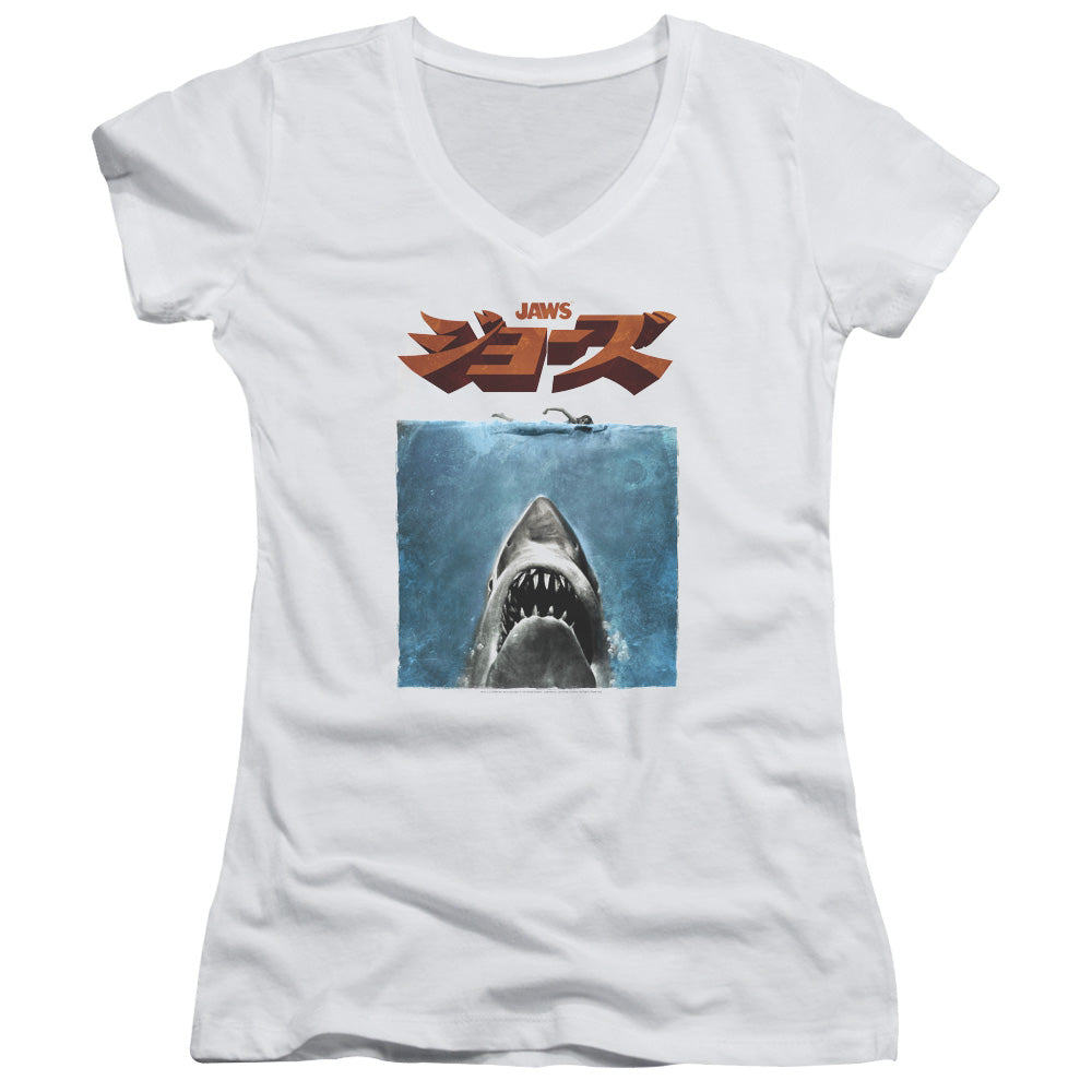 Jaws Japanese Poster Junior Sheer Cap Sleeve V-Neck Womens T Shirt White