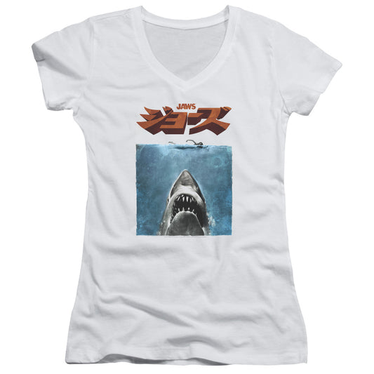 Jaws Japanese Poster Junior Sheer Cap Sleeve V-Neck Womens T Shirt White