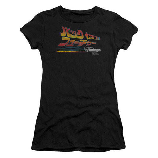 Back To The Future Japanese Delorean Junior Sheer Cap Sleeve Womens T Shirt Black