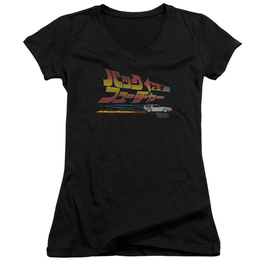 Back To The Future Japanese Delorean Junior Sheer Cap Sleeve V-Neck Womens T Shirt Black