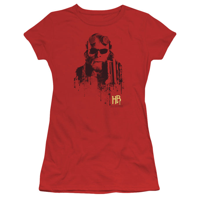 Hellboy II Splatter Gun Junior Sheer Cap Sleeve Womens T Shirt Red
