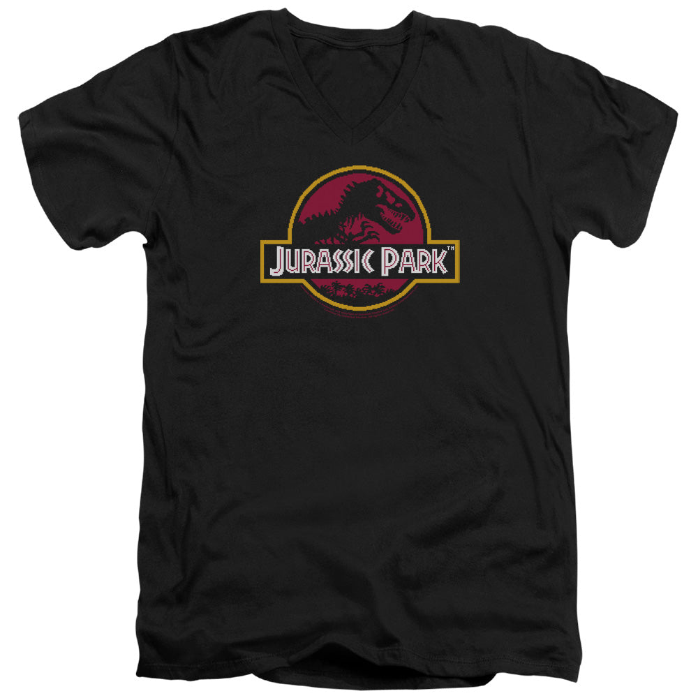Jurassic Park 8 Bit Logo Mens Slim Fit V-Neck T Shirt Black