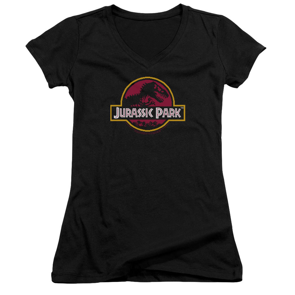 Jurassic Park 8 Bit Logo Junior Sheer Cap Sleeve V-Neck Womens T Shirt Black