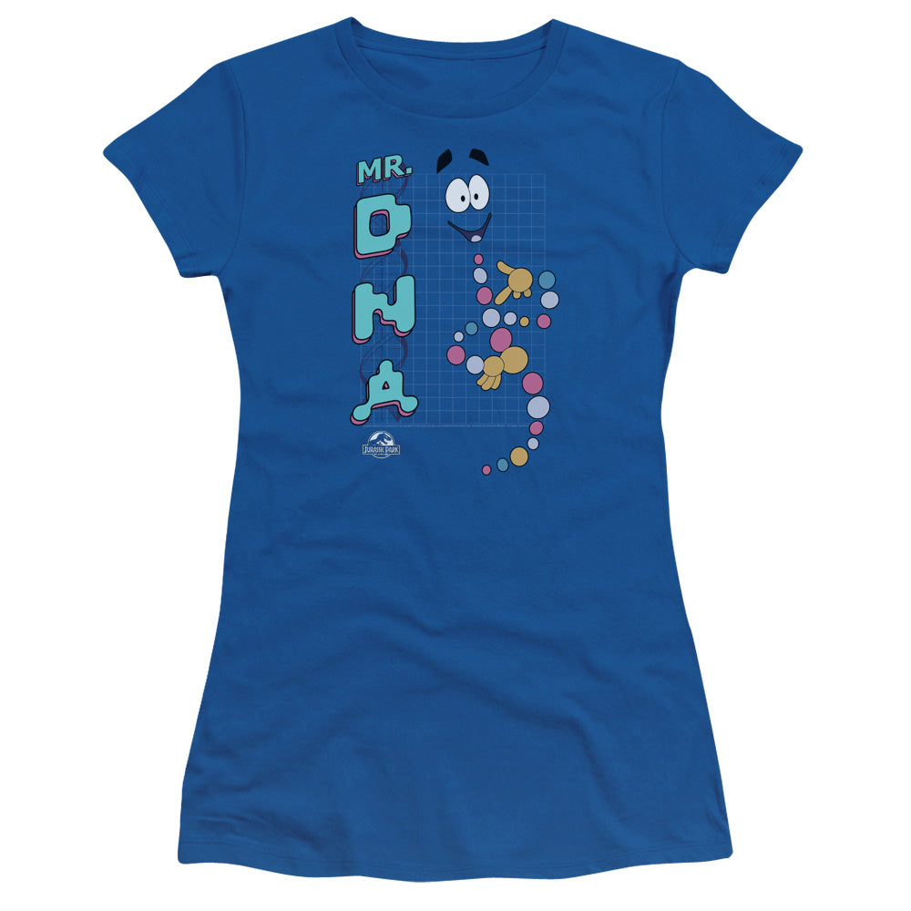 Jurassic Park Mr DNA Junior Sheer Cap Sleeve Womens T Shirt Royal Blue