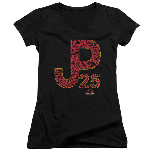 Jurassic Park JP 25 Junior Sheer Cap Sleeve V-Neck Womens T Shirt Black