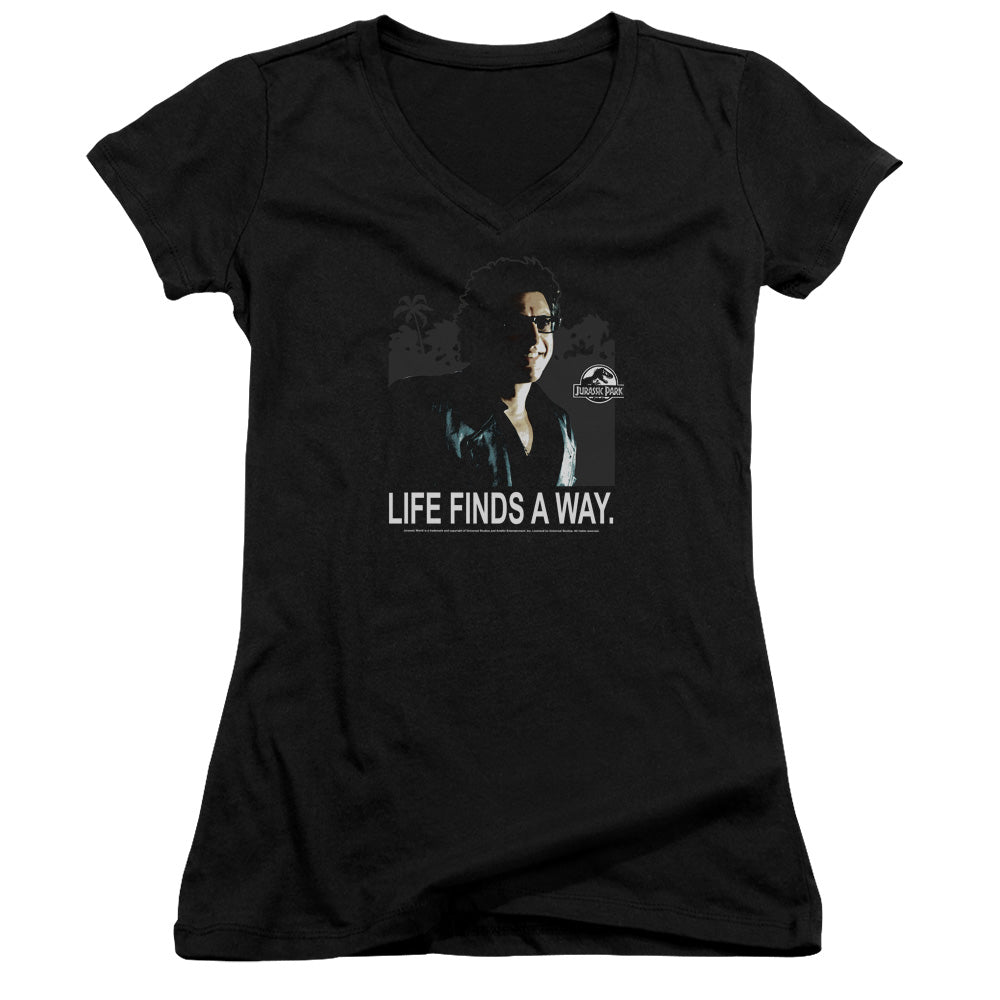 Jurassic Park Life Finds A Way Junior Sheer Cap Sleeve V-Neck Womens T Shirt Black