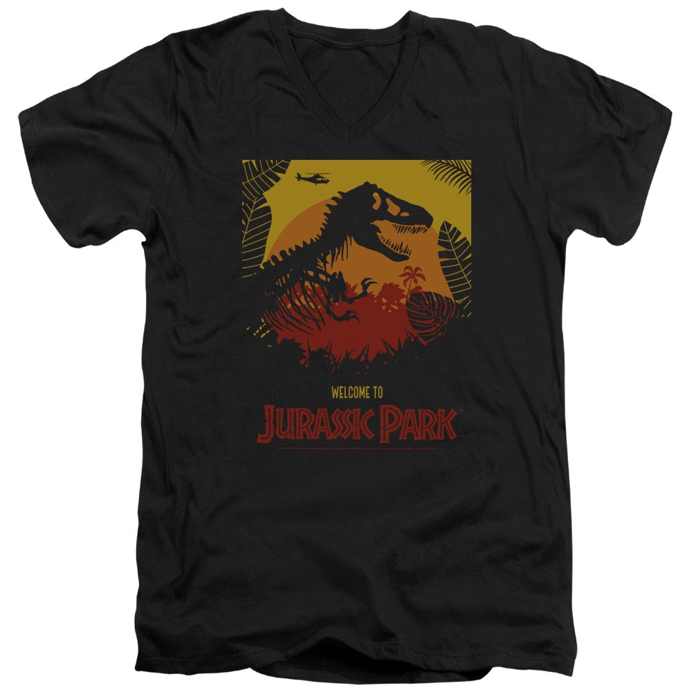 Jurassic Park Welcome To JP Mens Slim Fit V-Neck T Shirt Black