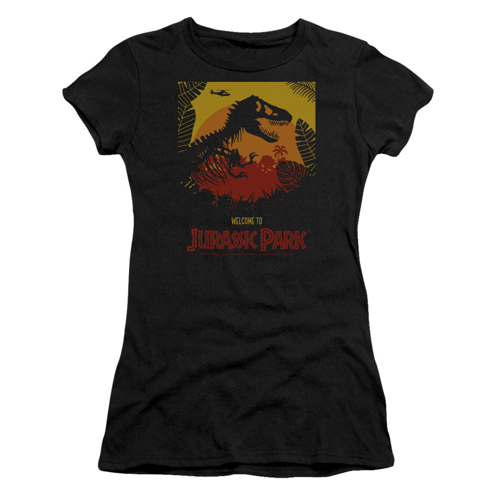 Jurassic Park Welcome To JP Junior Sheer Cap Sleeve Womens T Shirt Black