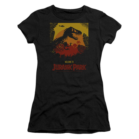 Jurassic Park Welcome To JP Junior Sheer Cap Sleeve Womens T Shirt Black