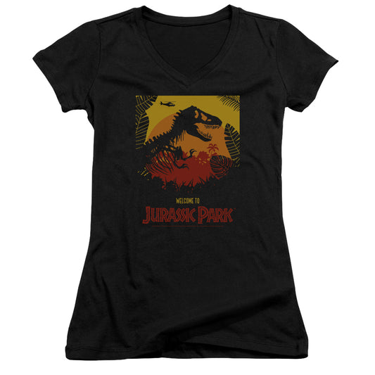 Jurassic Park Welcome To JP Junior Sheer Cap Sleeve V-Neck Womens T Shirt Black