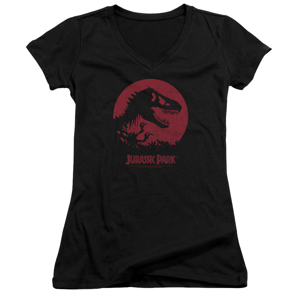 Jurassic Park T-Rex Sphere Junior Sheer Cap Sleeve V-Neck Womens T Shirt Black