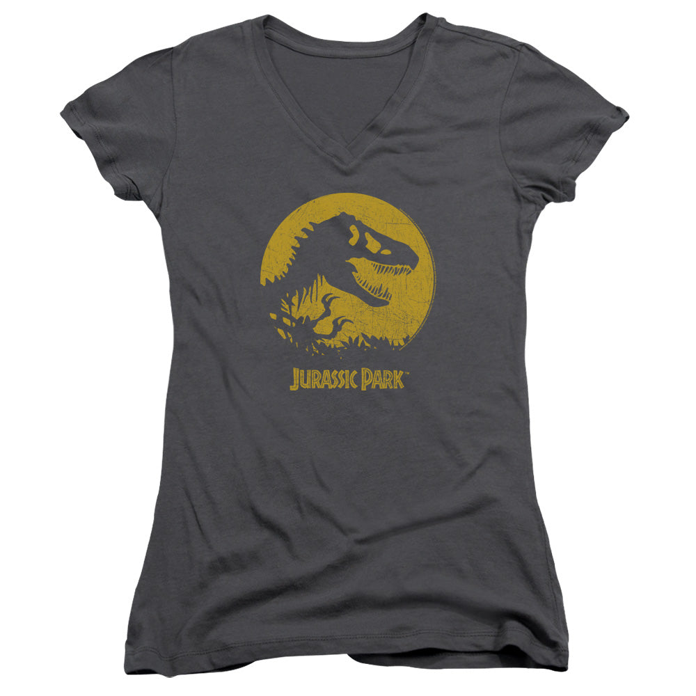 Jurassic Park T-Rex Sphere Junior Sheer Cap Sleeve V-Neck Womens T Shirt Charcoal