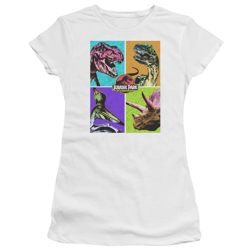 Jurassic Park Prehistoric Block Junior Sheer Cap Sleeve Womens T Shirt White