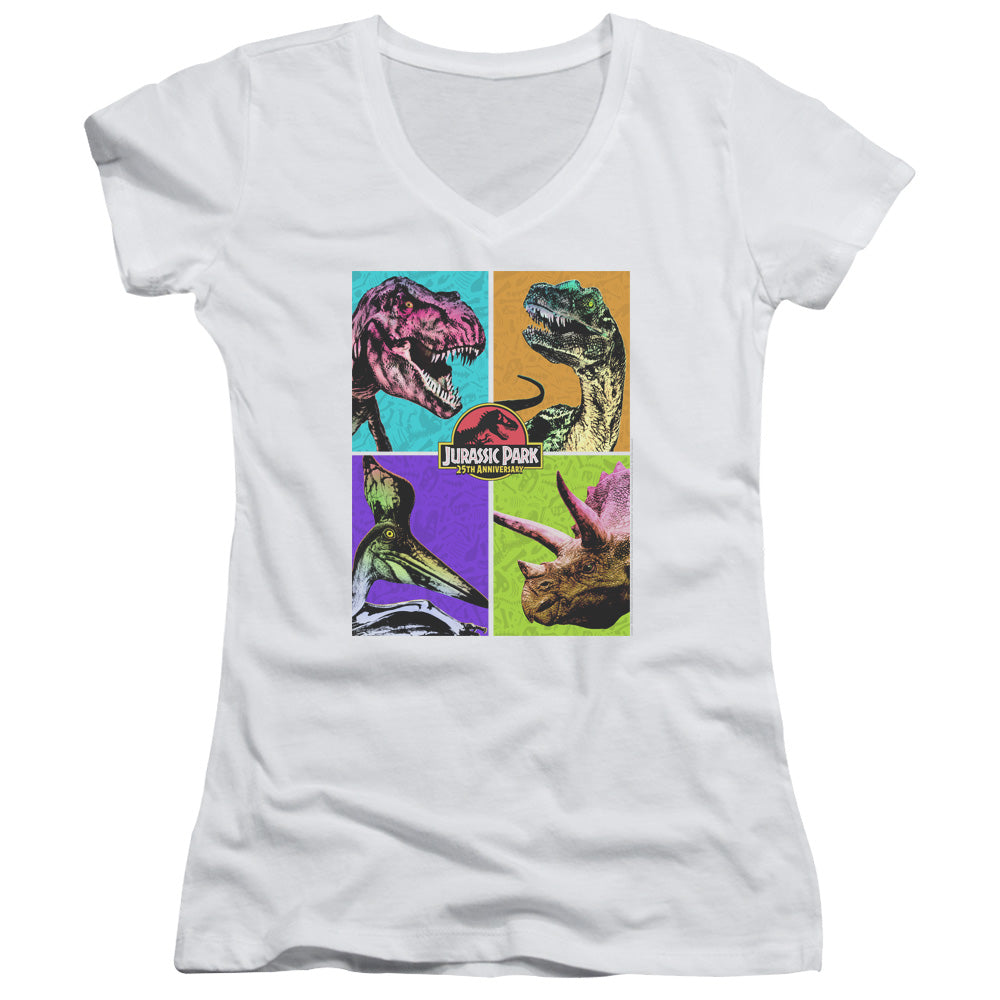 Jurassic Park Prehistoric Block Junior Sheer Cap Sleeve V-Neck Womens T Shirt White