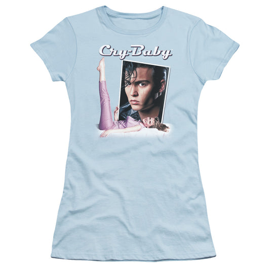 Cry Baby Title Junior Sheer Cap Sleeve Womens T Shirt Light Blue