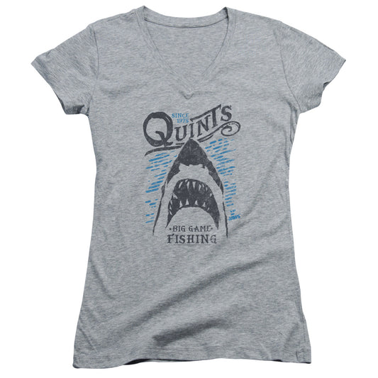 Jaws Big Game Fishing Junior Sheer Cap Sleeve V-Neck Womens T Shirt Athletic Heather