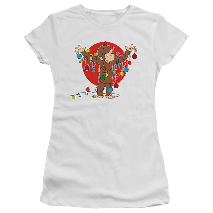 Curious George Lights Junior Sheer Cap Sleeve Womens T Shirt White