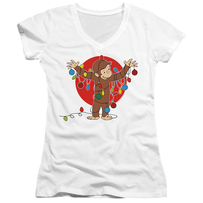 Curious George Lights Junior Sheer Cap Sleeve V-Neck Womens T Shirt White