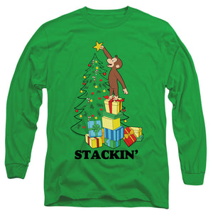 Curious George Stackin Mens Long Sleeve Shirt Kelly Green