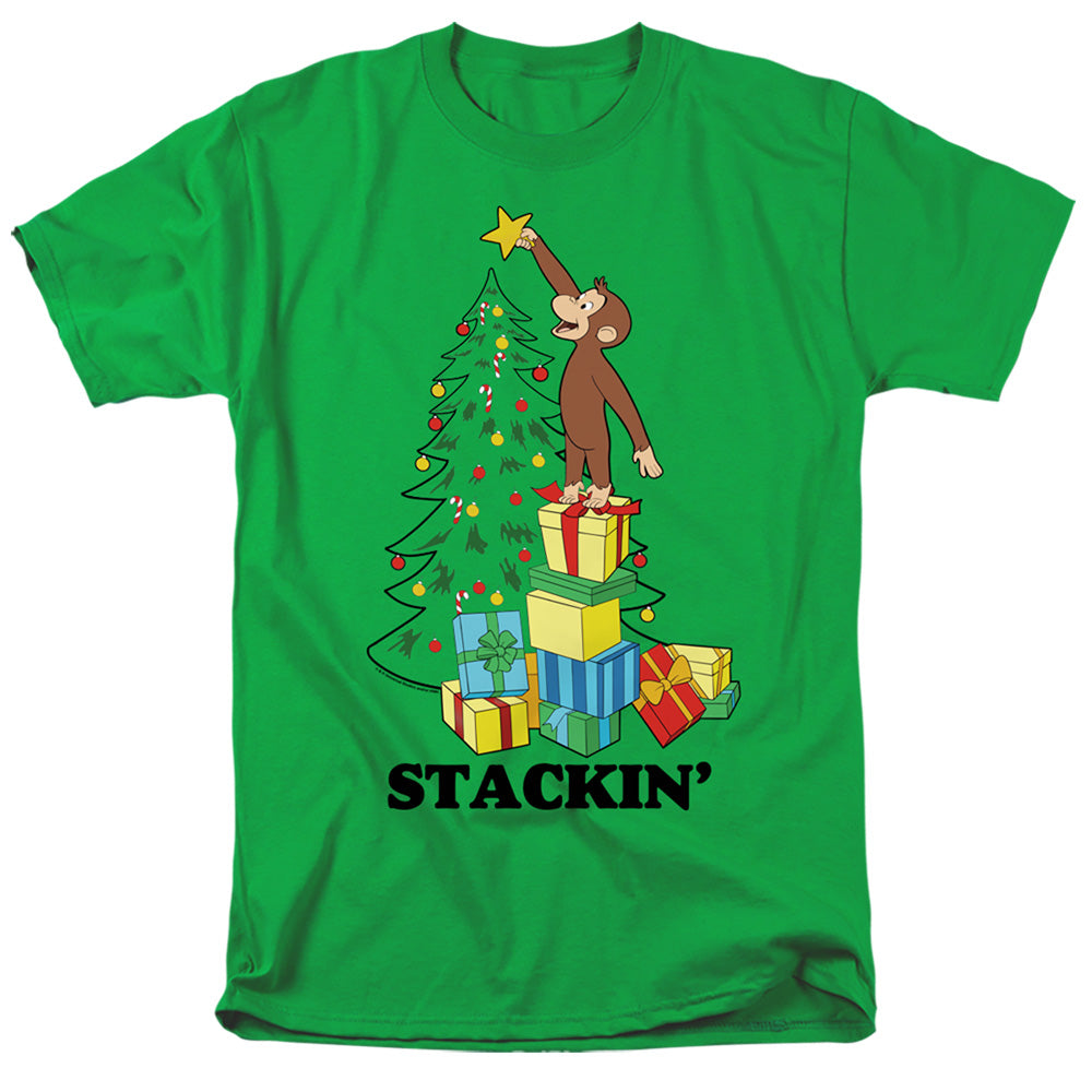 Curious George Stackin Mens T Shirt Kelly Green