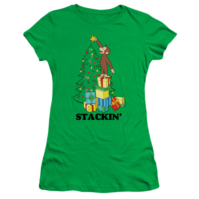 Curious George Stackin Junior Sheer Cap Sleeve Womens T Shirt Kelly Green