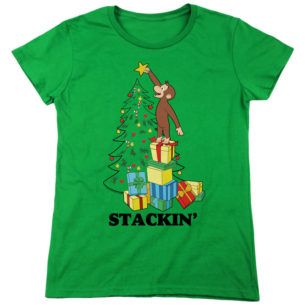 Curious George Stackin Womens T Shirt Kelly Green