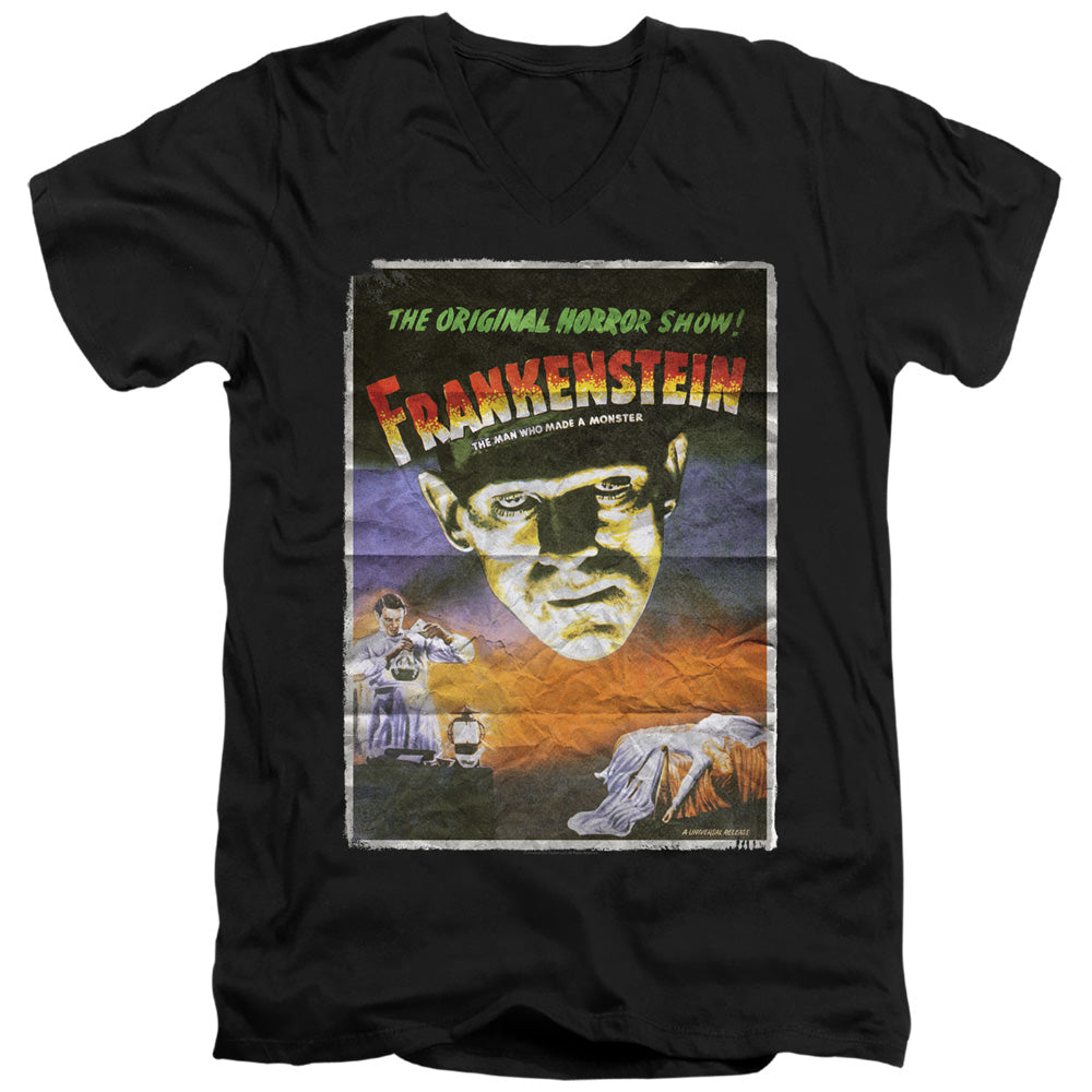 Universal Monsters Frankenstein One Sheet Mens Slim Fit V-Neck T Shirt Black
