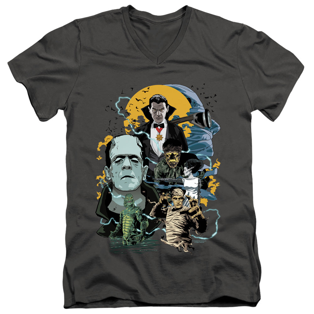Universal Monsters Monster Mash Mens Slim Fit V-Neck T Shirt Charcoal