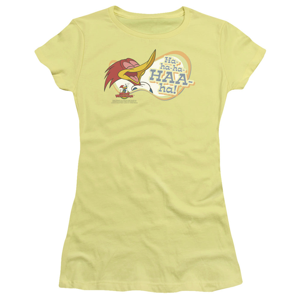 Woody Woodpecker Famous Laugh Junior Sheer Cap Sleeve Womens T Shirt Banana