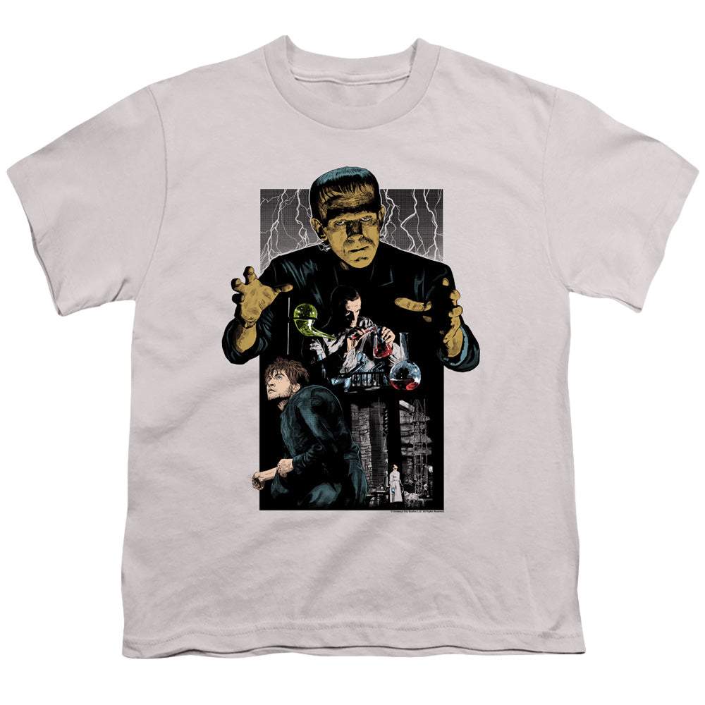 Universal Monsters Frankenstein Illustrated Kids Youth T Shirt Silver
