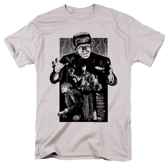 Universal Monsters Black & White Frankenstein Illustrated Mens T Shirt Silver